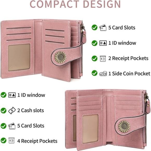 SENDEFN Small Womens Wallet Leather Bifold Card Holder RFID Blocking with Zipper - Picture 2 of 7